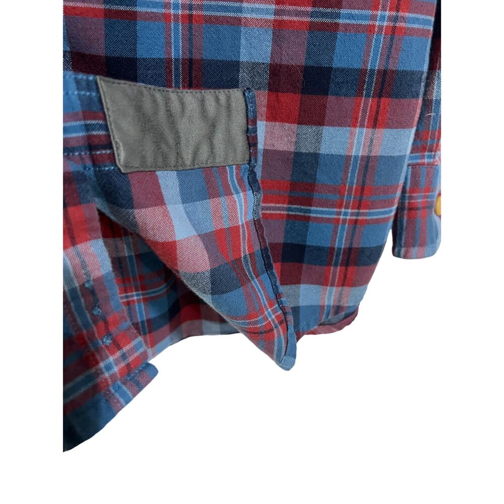 Duluth Trading Co Mens Large Free Swingin Flannel Trim Fit Shirt Blue Red Plaid - Picture 6 of 13